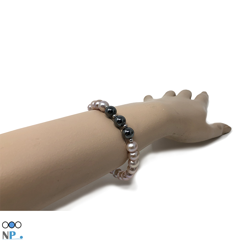 Bracelet avec Pierres Hematites, semi precieuses et perles de culture d'Eau Douce couleur naturelle lavande
